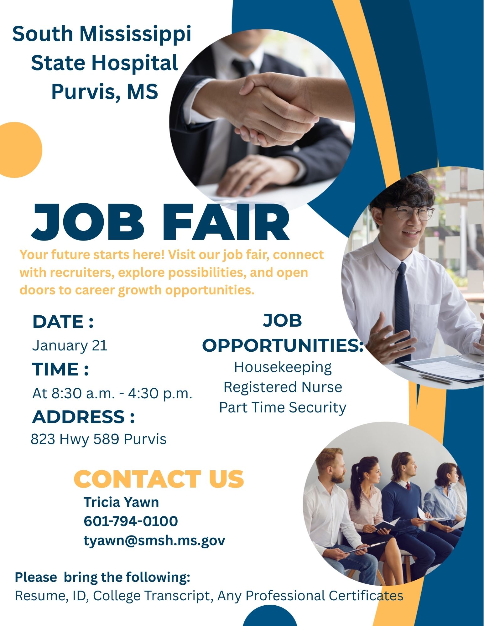 Job Fair Flyer. January 21 between Starting at 8:30 AM and ending at 4:30 P.M.